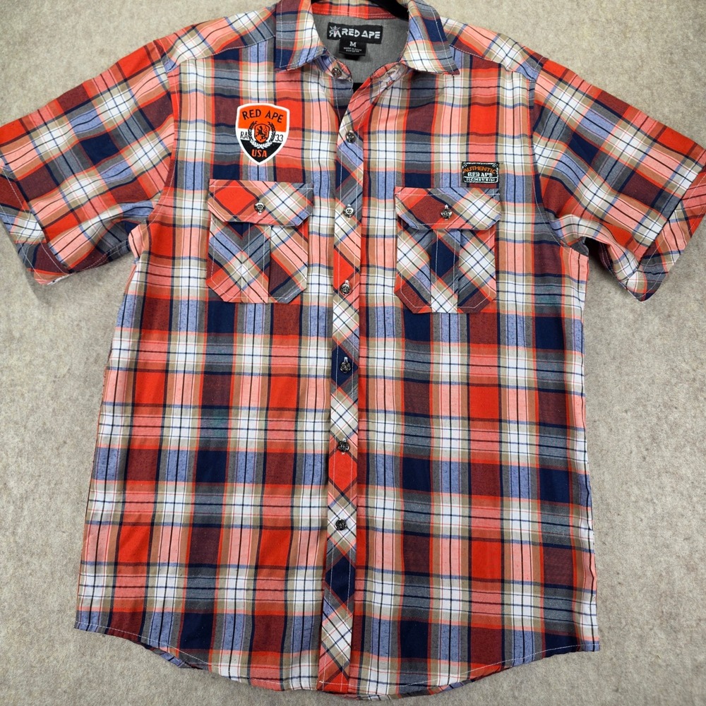 Red Ape Mens Short Sleeve Plaid Button Down Shirt Orange Blue White Size M